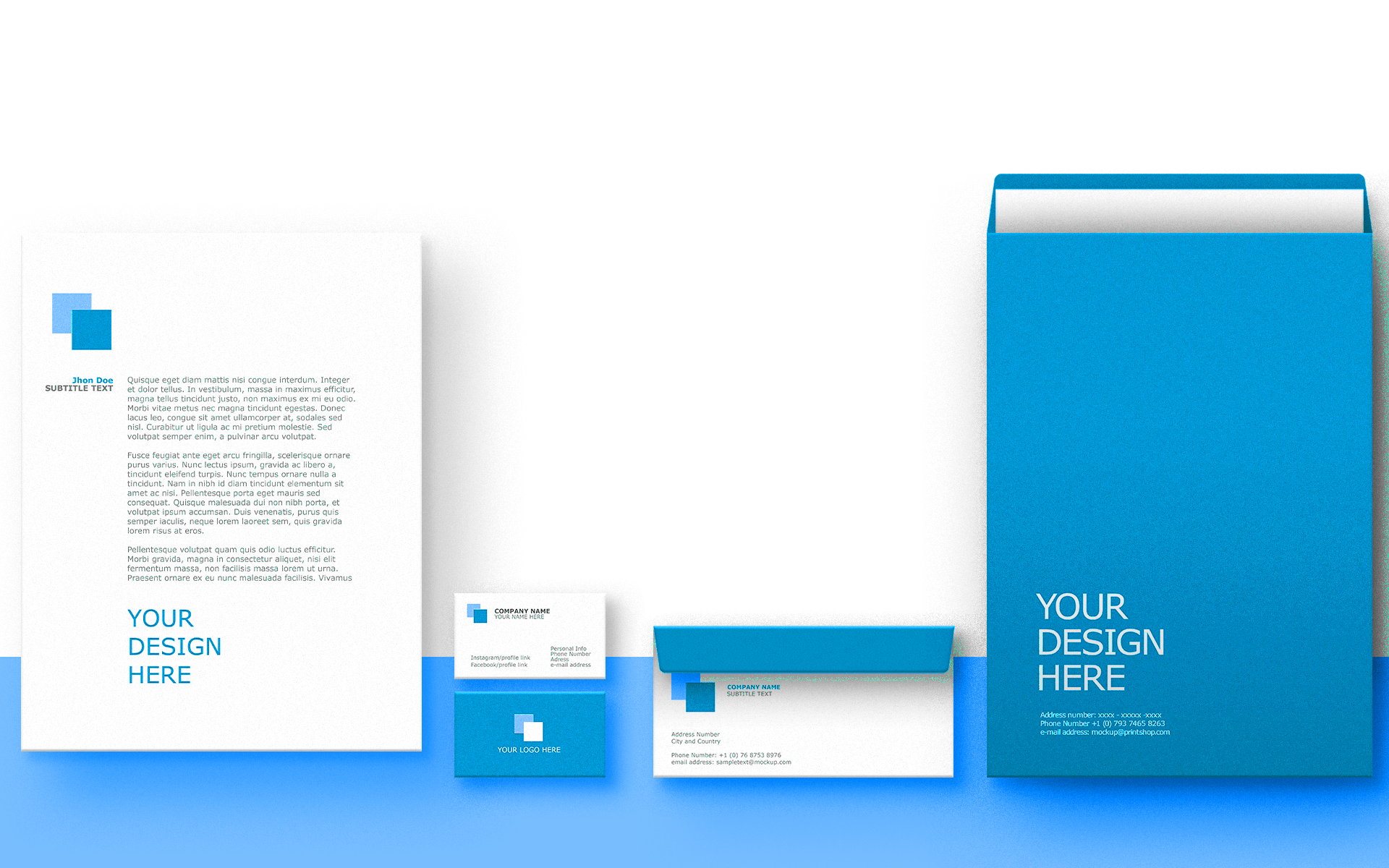 A collection of professionally printed stationery items—including a letterhead, business card, envelope, and folder with a color scheme